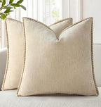 decorUhome Chenille Soft Throw Pillow Covers 16x16 Set of 2, Farmhouse Velvet Neutral Decorative Euro Pillow Covers with Stitched Edge for Couch Sofa Bed Home Decor, Beige