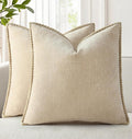 decorUhome Chenille Soft Throw Pillow Covers 20x20 Set of 2, Farmhouse Velvet Neutral Decorative Euro Pillow Covers with Stitched Edge for Couch Sofa Bed Home Decor, Beige