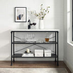 Crosley Furniture Madeleine Sofa Console Table with Storage Shelves for Hall, Entryway, or Living Room, Steel with Faux Marble Top