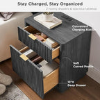 T4TREAM 23'' Fluted Nightstand with Charging Station, Large 2 Drawer Side Table, Modern End Table with Storage, Mid Century Bedside Table for Bedroom, Living Room, Curved Profile, Dark Alder