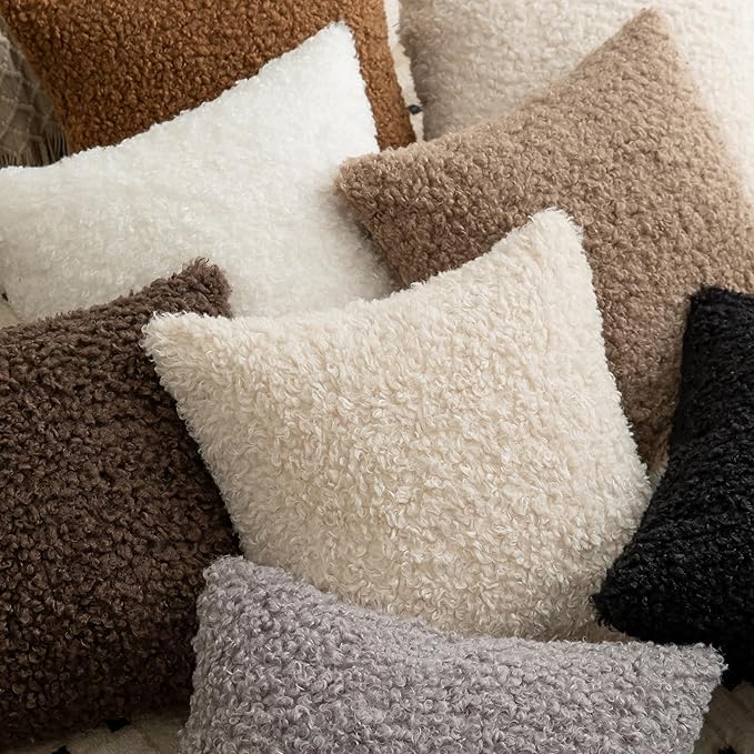 Pack of 2 Curly Teddy Wool Faux Fur Throw Pillow Covers Fuzzy Accent Soft Sherpa Pillowcases Sheepskin Fleece Decorative Cushion Case for Sofa Couch Living Room 24x24 Inch Chocolate