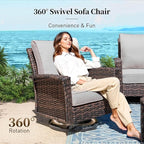 Patio Furniture Set with Swivel Chairs, High Back Wicker Rattan Set with 5.5" Thick Cushions, Fire Pit Table and Ottomans, All Weather Outdoor Conversation Set for Backyard Deck,9 Seats, Light Grey