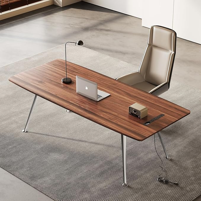Writing Computer Desk, 60-Inch Large Executive Desk Office Workstation with Chrome-Plated Legs and Built-in Power Outlet, Writing Table Business Furniture, Modern Minimalist Style for Home Office