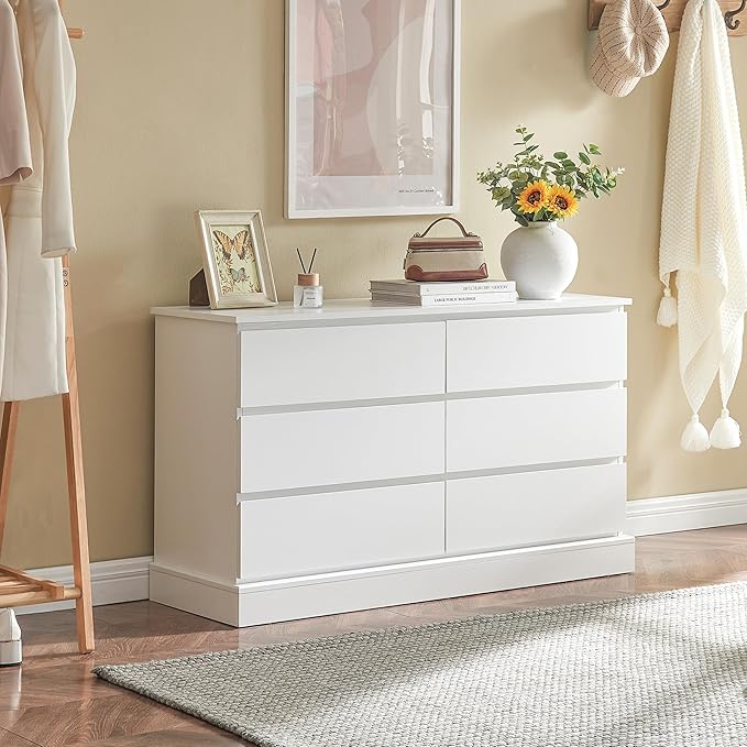 White Bedroom Dresser Modern 6 Drawers Dressers Wood Organizer Wide Dresser & Chest of Drawers Storage for Living Room, Entryway, Hallway