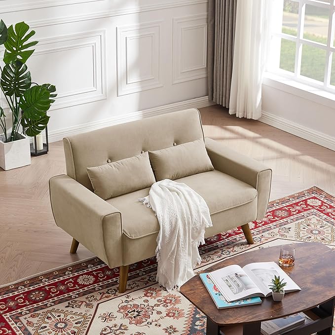 48" Small Loveseat Sofa, Mid Century Modern Love Seat with Back Cushions and Plastic Legs, 2 Seater Couches for Living Room, Bedroom, Small Spaces, Beige