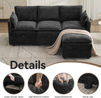 80" Cloud Modular 3 Seater Sofa with Storage Ottoman, Modern Upholstered Storage Sofa Couch Deep Seat, L Shape Sectional Sofa Chenille Comfy Couch with Armrests for Living Room, Small Space, Black
