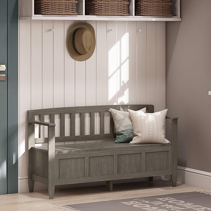 SIMPLIHOME Brooklyn Entryway Storage Bench - 48 inch Wide Solid Wood Storage Seat in Farmhouse Grey, Contemporary Bench for Entryway or Living Room with Lift-Up Lid and Slatted Backrest
