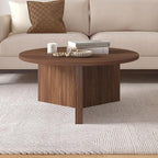 Henn&Hart 36" Round Wood Pedestal Coffee Table for Living Room, Family Room, Office, or Apartment, Satin Walnut