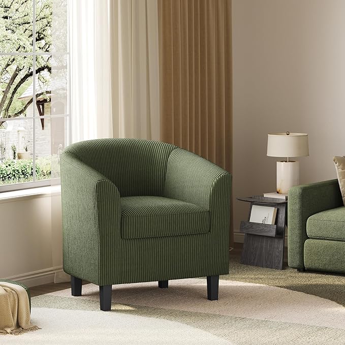 Yaheetech Corduroy Barrel Chair, Upholstered Club Accent Chair, Round Armchair with Soft Cushion for Living Room Bedroom Reading Room, Dark Green