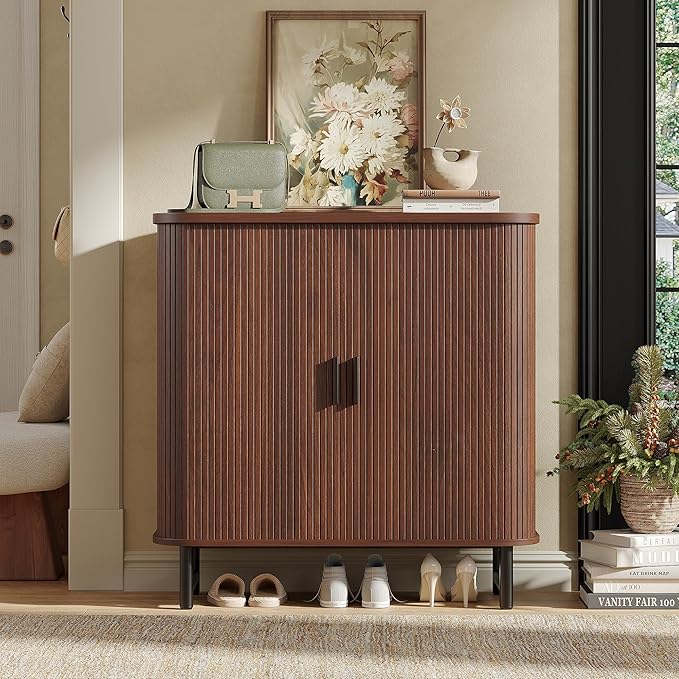 Maupvit Shoe Storage Cabinet with Smooth Fluted Sliding Doors, 5-Tier Shoe Cabinet Storage for Entryway, Narrow Hidden Shoe Rack for Front Door Entrance, Metal Handles and Legs, Walnut