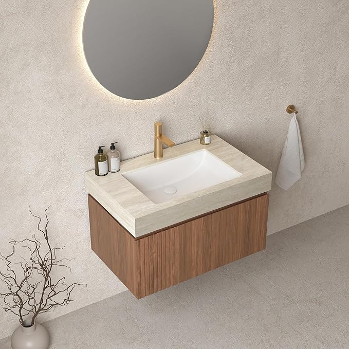 Bathroom Vanity with Sink 30 Inch, Floating Bathroom Vanity Sink Cabinet with Drawer and Door, Undermount Sink & Travertine-Pattern Sintered Stone Top, Pre-Assembled, Espresso