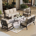 5 Piece Metal Outdoor Patio Furniture Set, Patio Conversation Sets, Outdoor Seating Furniture 3-Seater Sofa, 2 Leg Chair and 2 Swivel Chair with 5.75" Cushion for Backyard Deck, Beige