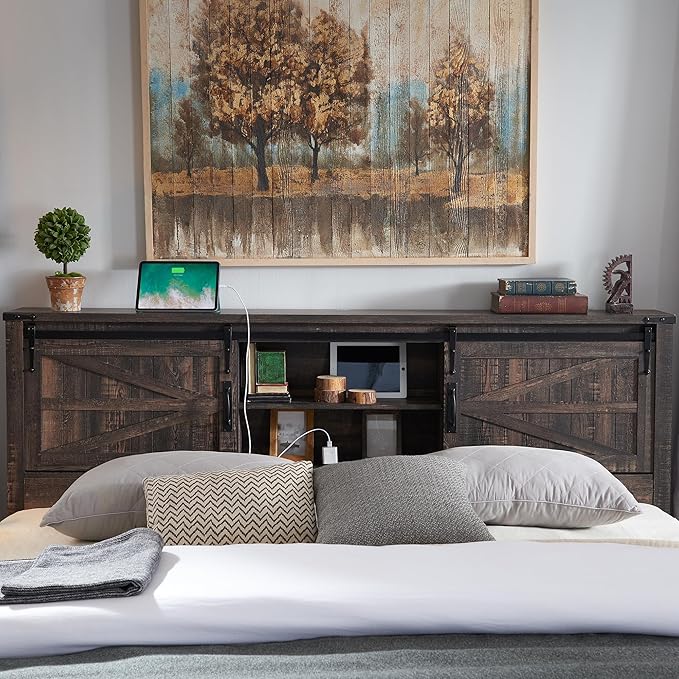 T4TREAM Farmhouse King Size Bed Frame w/Storage Bookcase Headboard, Sliding Barn Door, Charging Station, Rustic Wood Platform Bed w/Wood Slats Support, No Box Spring Needed, Dark Rustic Oak