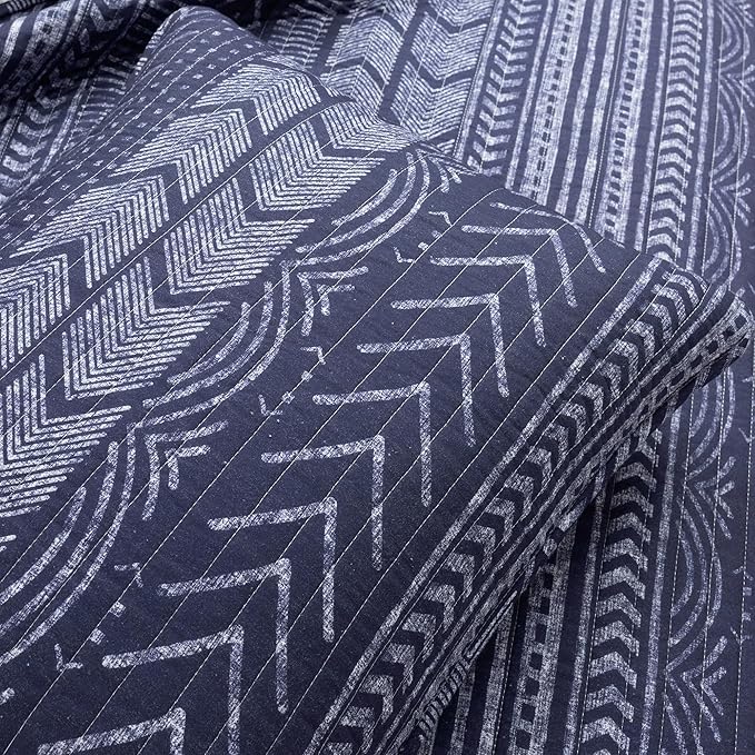 Lush Decor Hygge Geo Pattern Striped 3 Piece Quilt Bedding Set, Full/Queen, Navy