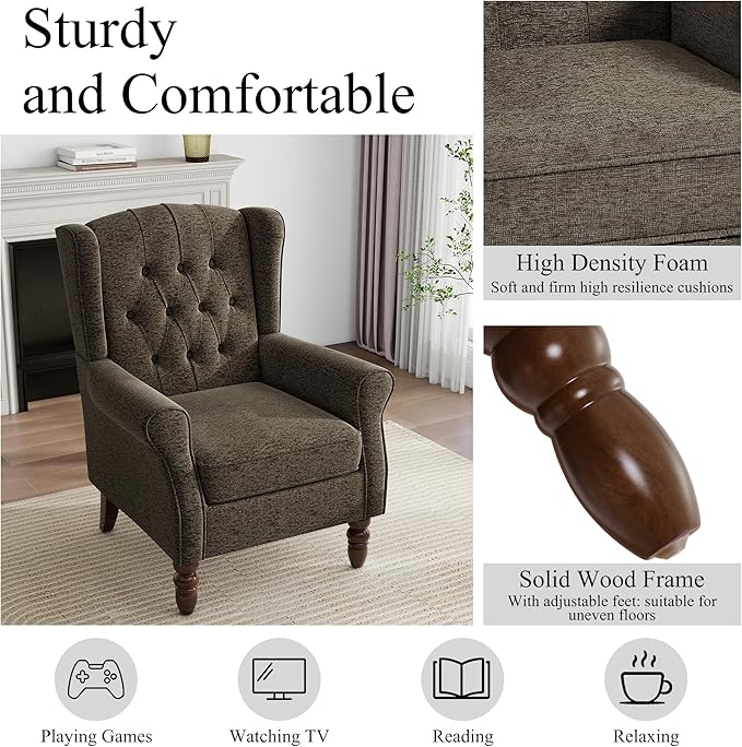 Mid-Century Modern 2-Piece Wingback Chair Set - Plush Upholstered Accent Chairs with Solid Wood Legs, High Back Lounge Seating for Living Room, Bedroom & Office - Retro Matched Pair (Taupe)