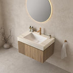 Bathroom Vanity with Sink 30 Inch, Floating Bathroom Vanity Sink Cabinet with Drawer and Door, Undermount Sink & Travertine-Pattern Sintered Stone Top, Pre-Assembled, White Oak