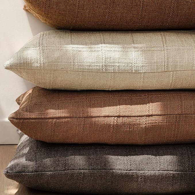 Foindtower Set of 2 Decorative Linen Check Throw Pillow Covers Neutral Farmhouse Vintage Cushion Covers Modern Boho Home Decor for Sofa Chair Couch Bedroom Living Room,18×18 Inch,Dark Brown