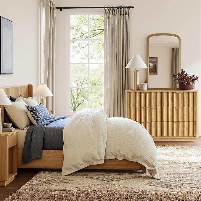 win2win 6 Drawer Dresser, Mid Century Modern Dresser with Storage, 47" Wide Fluted Chest of Drawers with Faux Marble Top, Dressers TV Stand, Drawers Organizer for Bedroom, Living Room, Hallway, Oak