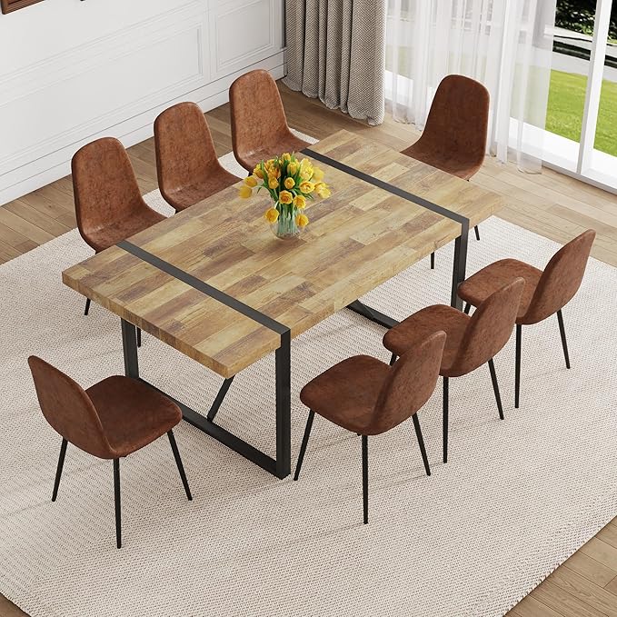 9 Piece Dining Table Set，Dining Room Table Set for 8，71'' Kitchen Table and PU Leather Chairs Set of 8，8 Chair Dining Table Set for Kitchen Dining Room