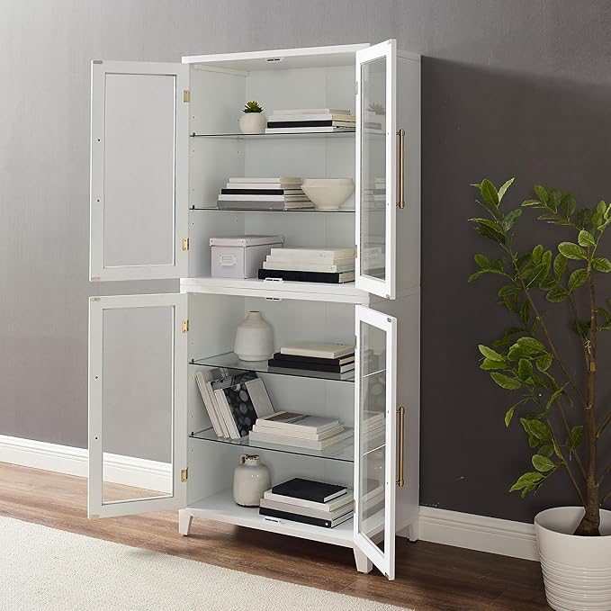 Crosley Furniture Roarke Glass Door Kitchen Pantry Storage Cabinet with Doors and Shelves, Living Room, White