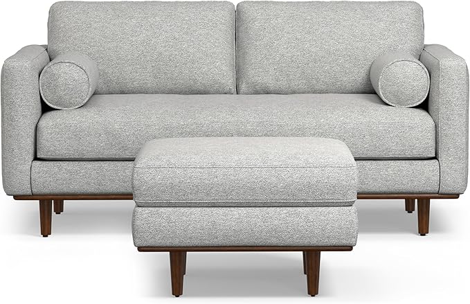 SIMPLIHOME Morrison Mid-Century Modern 72 inch Wide Sofa with Ottoman Set in Mist Grey Tightly Woven Performance Fabric for the Living Room and Family Room