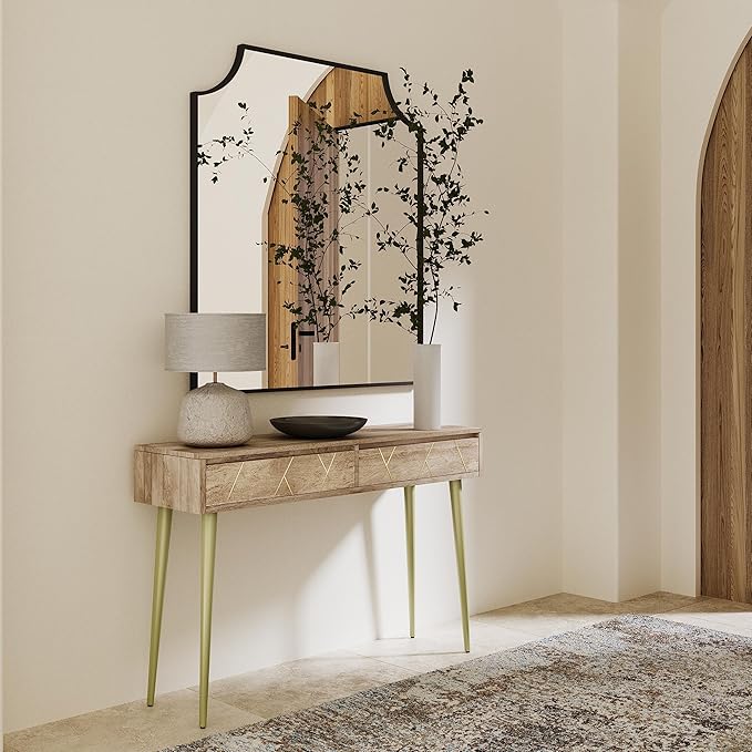 SIMPLIHOME Jager Console Table - 48 Inch Wide Solid Mango Wood Sofa Table in Natural, Mid-Century Modern Storage Table for Entryway or Living Room with 2 Drawers, Brass Inlay, and Gold Metal Legs