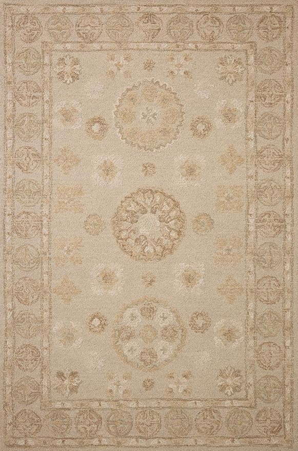 Loloi Chris Loves Julia Dorothea Collection DRT-03 Dove/Natural 5'-0" x 7'-6" Area Rug Wool Neutral Floral Living Room Bedroom Carpet