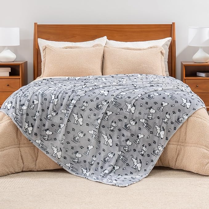 Berkshire Blanket Peanuts® VelvetLoft® Cute Character Snoopy Plush Blanket,Peanuts Poses and Paws Grey,King 90 in x 108 in (Official Peanuts® Product)