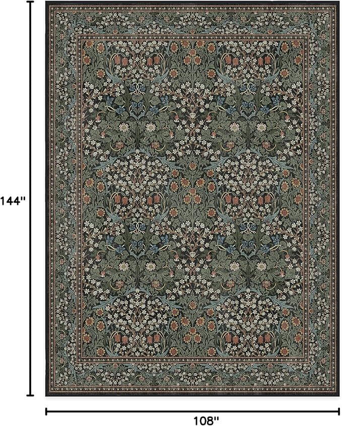 RUGGABLE x Morris & Co Washable Area Rug – Blackthorn Forest Green 9x12, Stain-Resistant, Non-Slip – Large Machine Washable Rugs for Living Room, Bedroom, Hallway, Entryway & Office–with Standard Pad