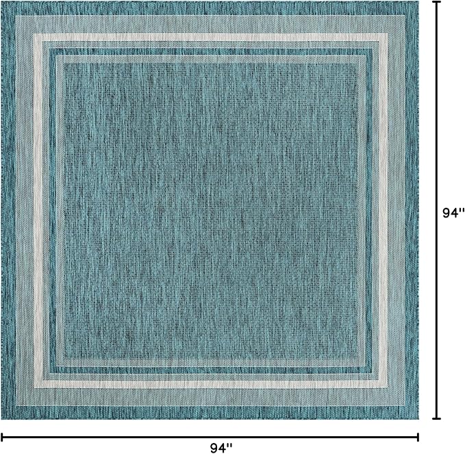 Unique Loom Outdoor Border Collection Area Rug - Soft Border (7' 10" Square, Teal/ Ivory)