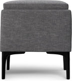 SIMPLIHOME Natasha 18 inch Wide Mid Century Square Mid Century Storage Ottoman with Tray in Slate Grey Polyester Linen, Assembled, For the Living Room, Entryway and Family Room