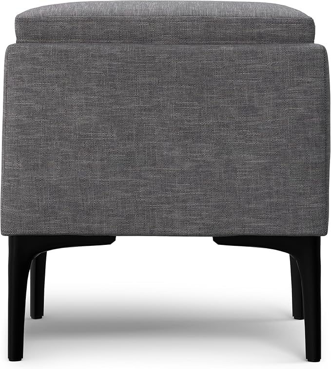 SIMPLIHOME Natasha 18 inch Wide Mid Century Square Mid Century Storage Ottoman with Tray in Slate Grey Polyester Linen, Assembled, For the Living Room, Entryway and Family Room