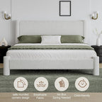 King Size Bed Frame, Boucle Upholstered Platform Bed with Headboard and Footboard, Soft Rounded Corners, No Box Spring Required, Easy Assembly, White
