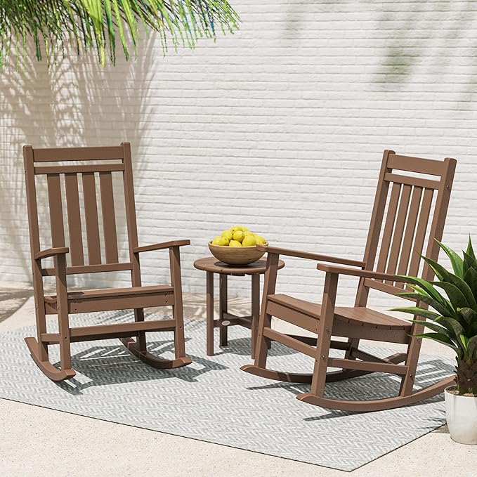 POLYWOOD Estate 3-Piece Rocking Chair Set, Outdoor Porch Rockers, Fade-Proof HDPE, Classic Front Porch Furniture for Patio, Deck, Garden, Mahogany