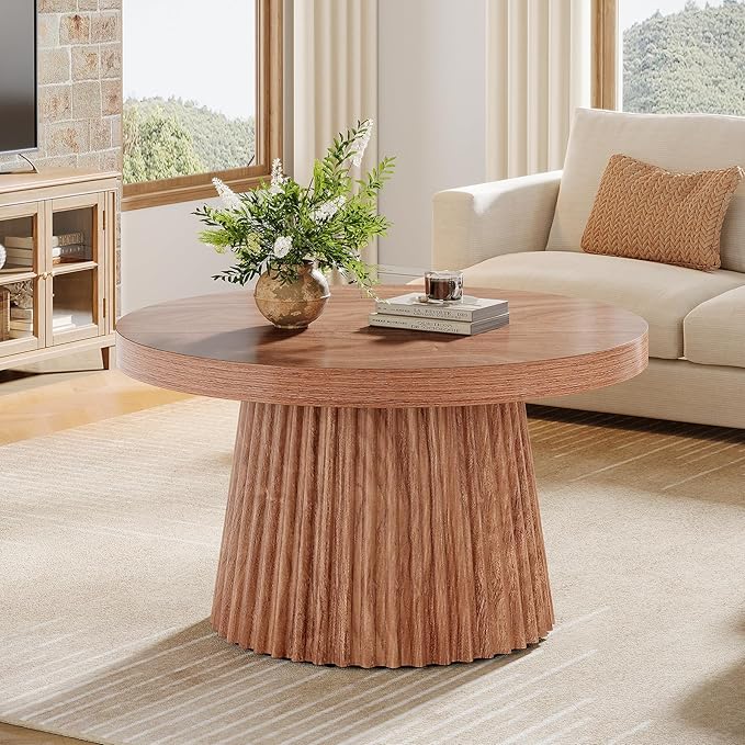 Tribesigns Coffee Table, 31.5" Small Farmhouse Round Coffee Tables with Fluted Drum Base, Mid Century Modern Farmhouse Accent Center Table for Living Room, Apartment, Small Space, Walnut