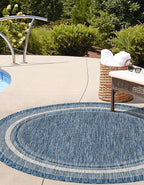 Unique Loom Outdoor Border Collection Area Rug - Soft Border (13' Round, Blue/ Ivory)