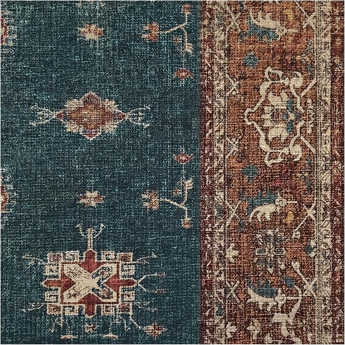 RUGGABLE Washable Vintage Area Rug – Verena Teal Blue 10x14, Stain-Resistant, Non-Slip – Large Machine Washable Rugs for Living Room, Bedroom, Hallway, Entryway & Office–with Standard Pad