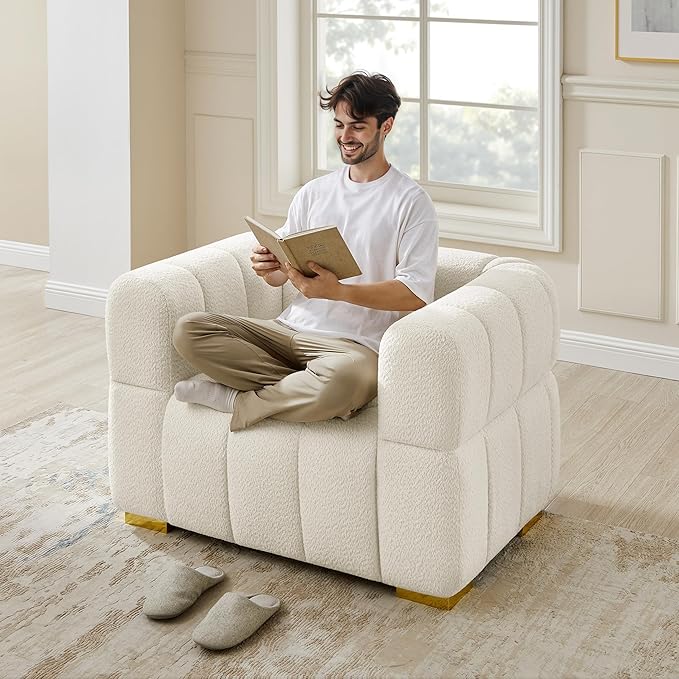 VANOMi Oversized Accent Chairs Set of 2, Boucle Arm Chair with Deep Seat, Oversized Comfy Reading Chair for Living Room, Bedroom, Office, Apartment，White (2 Piece)
