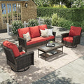 HERA'S HOUSE Red Patio Furniture Set, 35" High Back Swivel Chairs with 5.5" Waterproof Cushions, 4 Pieces Wicker Rattan Outdoor Conversation Sofa Sets for Deck Lawn Yard