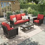 HERA'S HOUSE Red Patio Furniture Set, 35" High Back Swivel Chairs with 5.5" Waterproof Cushions, 4 Pieces Wicker Rattan Outdoor Conversation Sofa Sets for Deck Lawn Yard