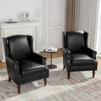 Faux Leather Wingback Accent Chairs Set of 2, High Back Upholstered Armchair, Comfy Fabric Wingback Arms Chairs with Solid Wood Legs, Single Sofa Reading Chair for Bedroom Living Room, Black