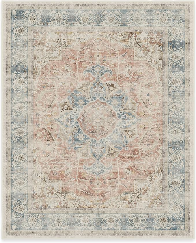 RUGGABLE Washable Vintage Area Rug – Sarrah Coral 8x10, Stain-Resistant, Non-Slip – Large Machine Washable Rugs for Living Room, Bedroom, Hallway, Entryway & Office–with Standard Pad