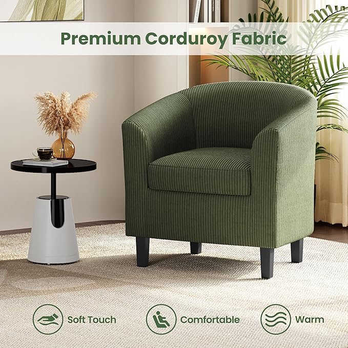 Yaheetech Corduroy Barrel Chairs Set of 2, Upholstered Club Chairs, Round Armchairs Waiting Room Chairs with Soft Cushion for Living Room Bedroom Reading Room, Dark Green