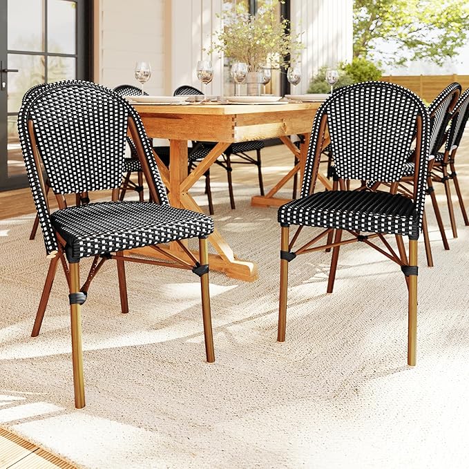 Martha Stewart Lily Pond Indoor-Outdoor Stackable Bistro Chairs with Natural Woodgrain Aluminum Frame Finish, Black/White Woven Rattan Backrests/Seats, Set of 2