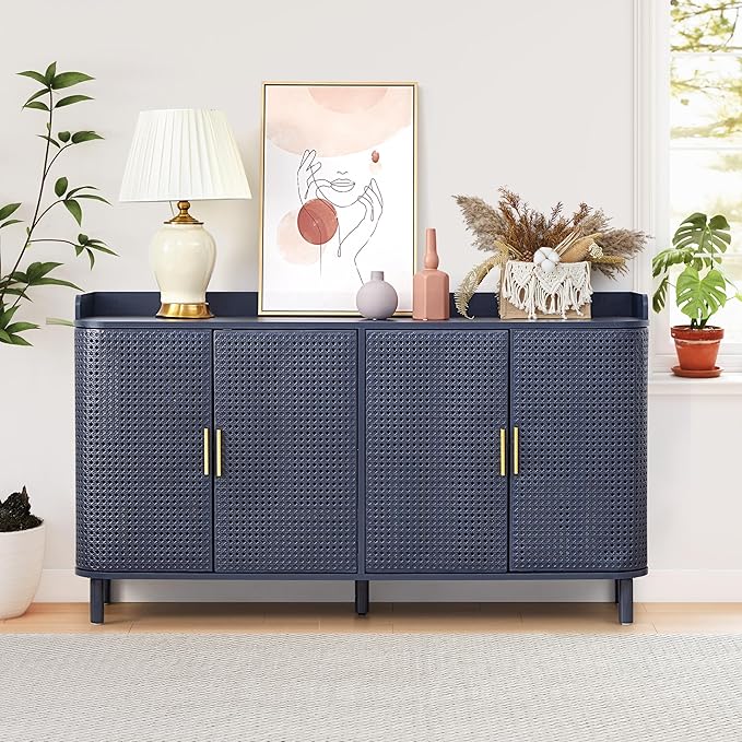 ORRD 4 Doors Storage Cabinet, 2 Tier Wooden Storage Organizer Cabinet with Adjustable Shelf, Sideboard Buffet Cabinets with Iron Curved Doors Accent Shoe Rack for Entryway Hallway Living Room (Blue)