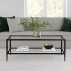 Henn&Hart 45" Wide Rectangular Coffee Table with Glass Shelf in Blackened Bronze, Modern coffee tables for living room, studio apartment essentials