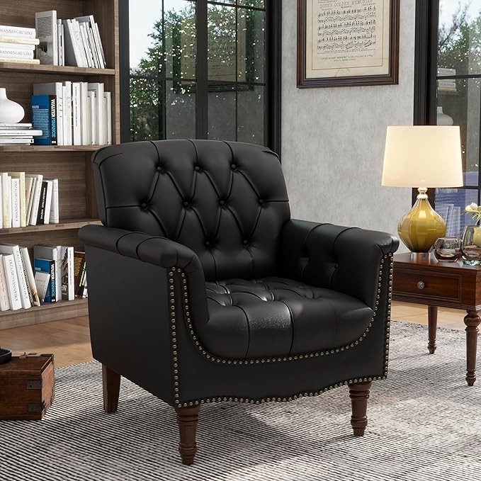 Lumibee Faux Leather Armchair, Contemporary Accent Chair with Nailhead Trims & Wood Legs for Living Room, Upholstered Comfy Arm Chair for Office,Bedroom-Black