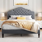SHA CERLIN Full Size Bed Frame with Adjustable Headboard/Velvet Upholstered/Diamond Button Tufted and Metal Studs/No Box Spring Needed/Wooden Slat Support/Easy Assembly/Light Grey