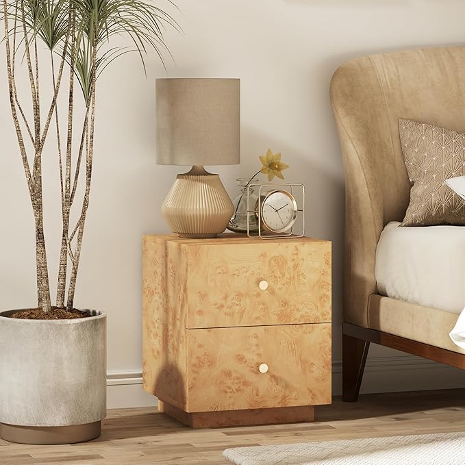 Modern 2 Drawer Nightstand with Elegant Burl Finish, Wood Bedside Table with Storage, Stylish Accent Side Table for Bedroom, Home Décor and Small Space Furniture