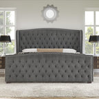 AMERLIFE King Size Platform Bed Frame, Velvet Upholstered Bed with Deep Button Tufted & Nailhead Trim Wingback Headboard/No Box Spring Needed/Grey